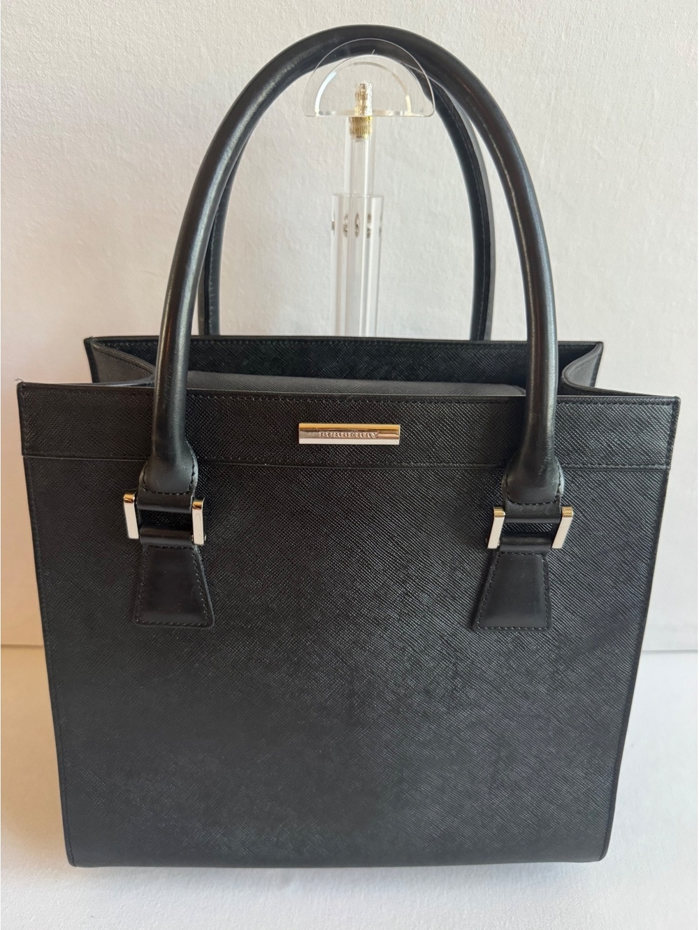 Burberry Black Leather Tote Handbag Check Lining Authentic COA